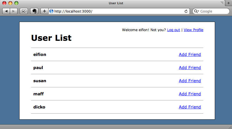 The users list page on our application.