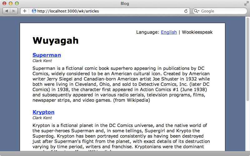 Our blogging application with the localizable text displayed in Wookieespeak.