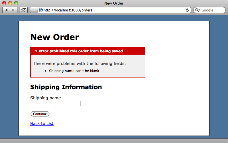 Only the error for the shipping step is shown.