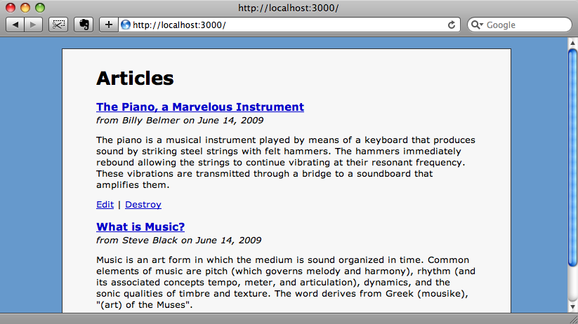 The articles page from our example blogging app.