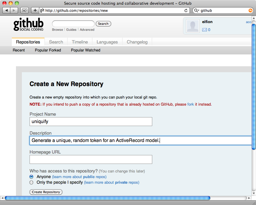 Creating a new repository on Github.