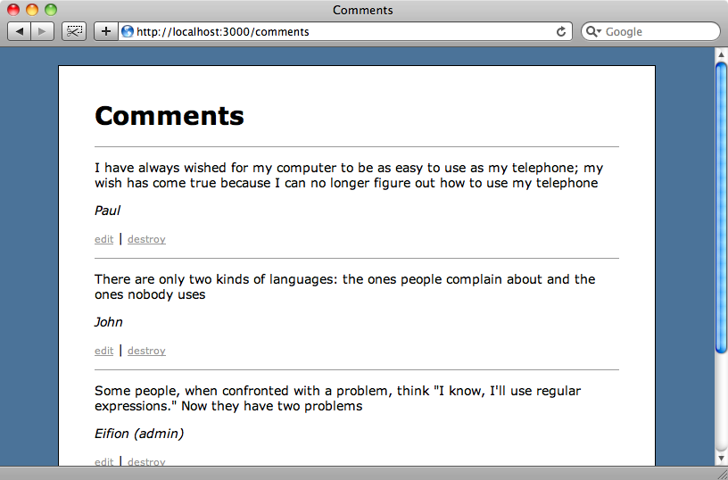 The application's comments page.