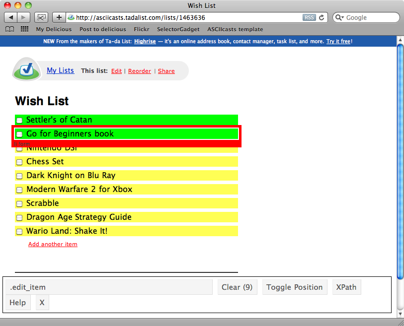 Using SelectorGadget to get the CSS selector for the list items.