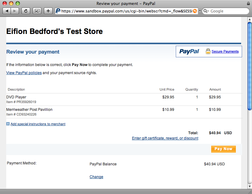 Paying for our items on the PayPal site.
