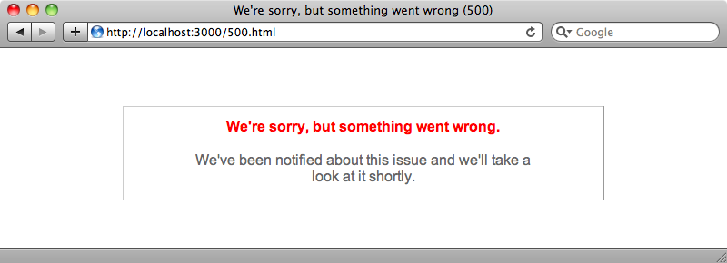 The production 500 error page shows even in development mode.