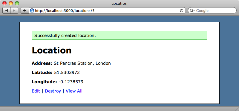 The new location showing the data from Geocoder.