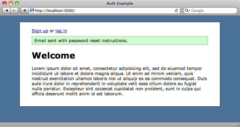 The home page showing that the password reset email has been sent.