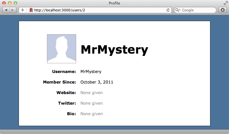 The profile page for a user who has entered few details.