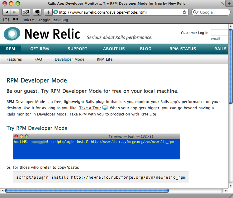 The New Relic Developer Mode webpage.