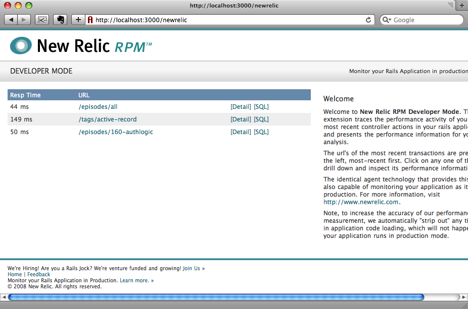 New Relic RPM showing the time taken for a number of requests.